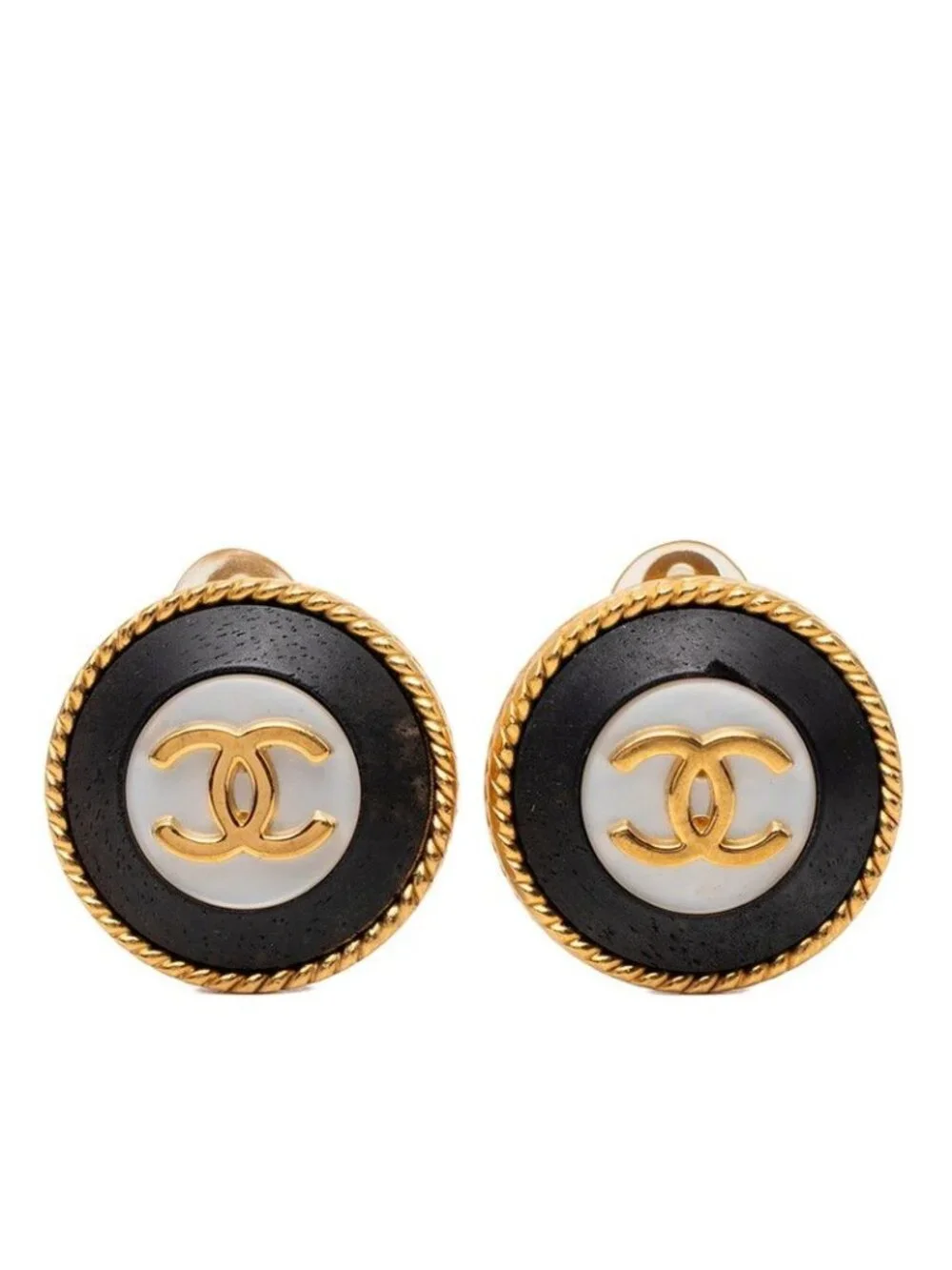 Chanel CC Logo Vintage Earrings Gold Black Plated